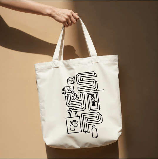A proposed tote carrying a hand-drawn SYP artwork.