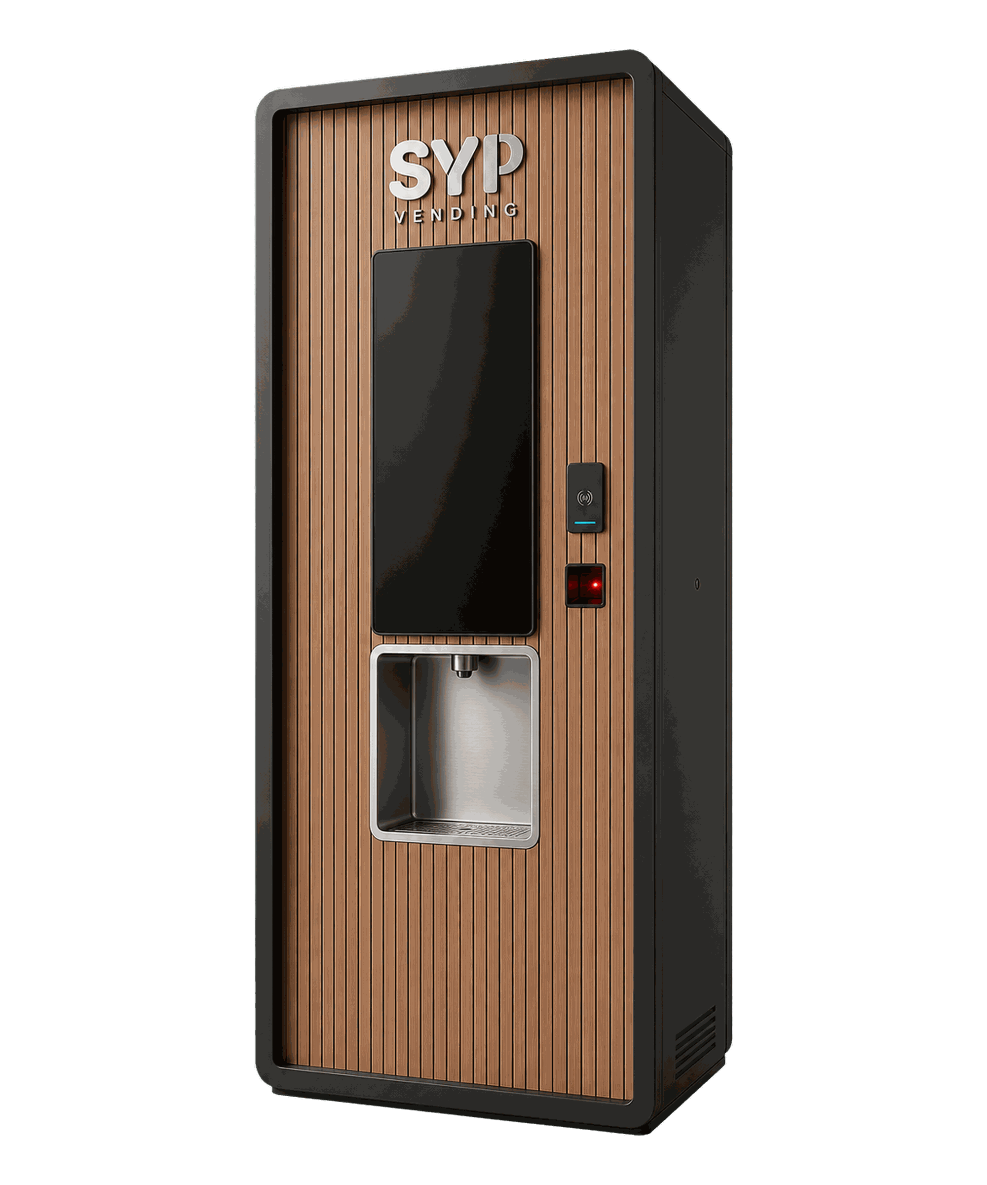 Concept render of the SYP vending machine, a charcoal cabinet with a timber-slatted front.